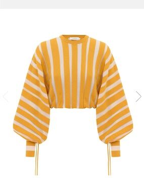 Zimmermann Yellow & White Striped Cropped Balloon-Sleeve Sweater